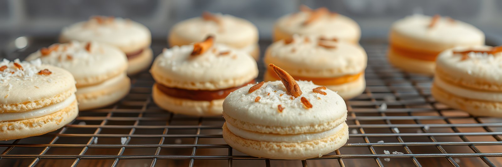 Freshly baked macarons cooling on a wire rack in a cozy kitchen setting during late afternoon